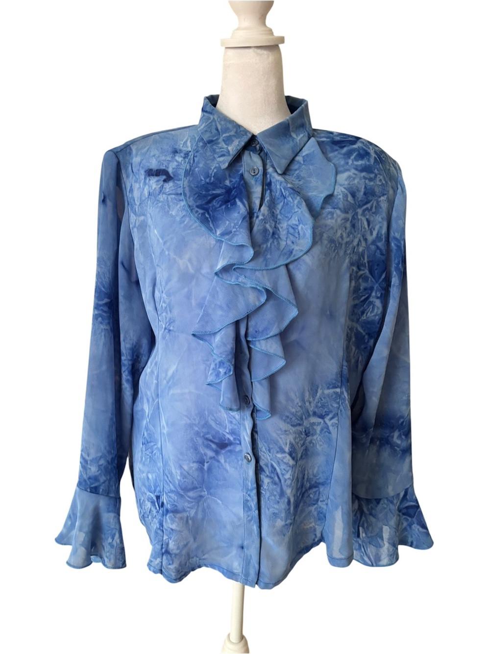 SantiRQ Blue Tie-Dye Ruffle Blouse | Sheer Vintage Romantic